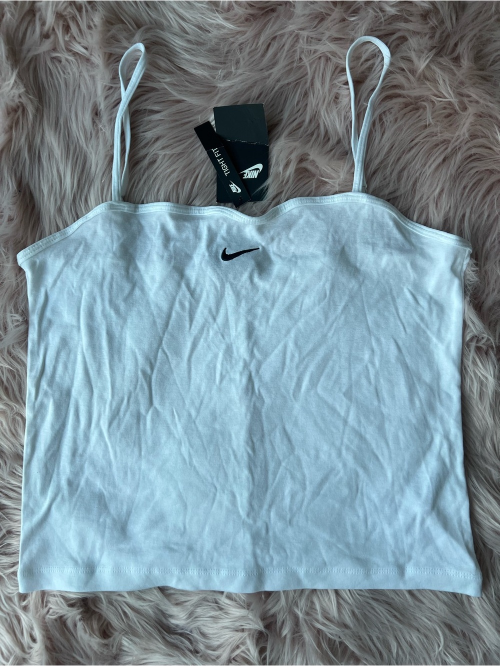 Nike White Spaghetti Strap Crop Tank with Black Swoosh Large NWT